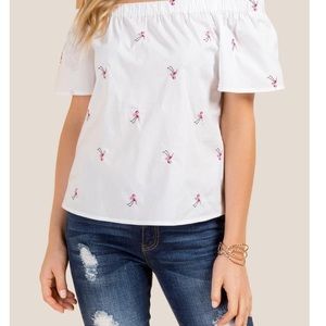 Blue Rain Flamingo Embroidered Off Shoulder Top